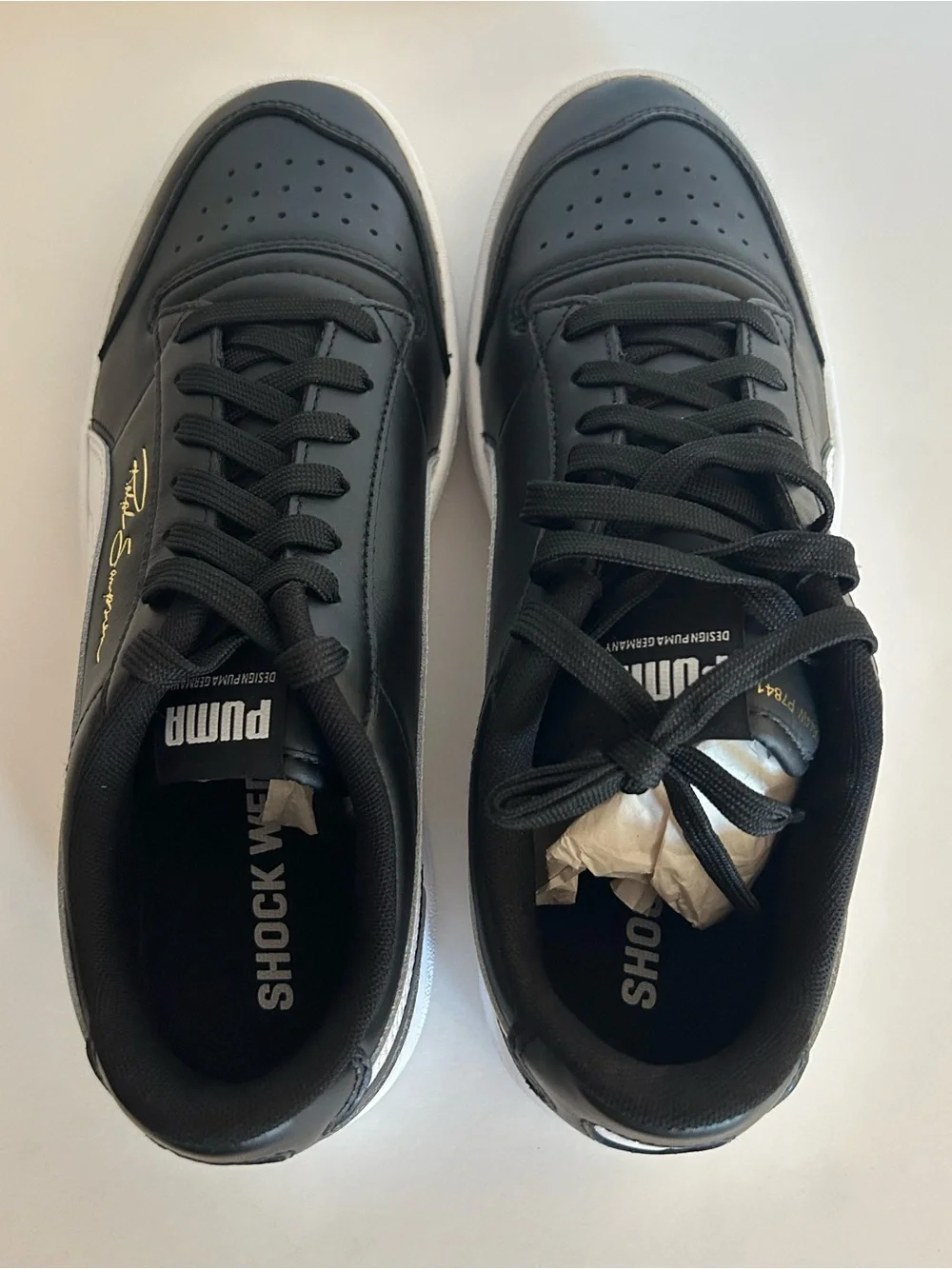 Puma Ralph Sampson Lo Black Leather Sneakers w/White Formstrip and Gold Script